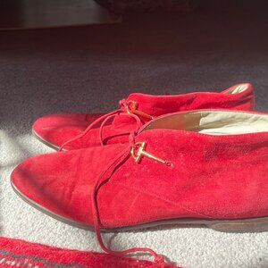 Saks Fifth Avenue Fenton Last Red Suede Shoes with Gold Buckles Size 6.5-7